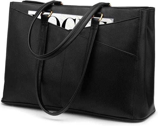 Laptop Tote Bag for Women 15.6 Inch Waterproof Leather Computer Bags Business Office Work Briefcase Black